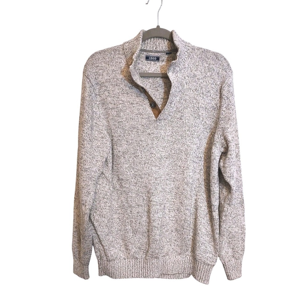 IZOD Sweater Mens Large Gray Marled 1/4 Button Mock Neck Faux Suede Trim